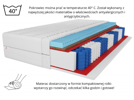 Materac kieszeniowy 80x200 PREMIUM KOKOS H3/H4, warstwa masująca, sprężyny pocket, kokos, 7 stref, wys. 27cm 3