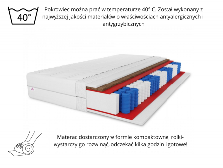 Materac kieszeniowy 120x200 SALSA KOKOS H3/H4, 7 stref, antyalergiczny, pianka T25, mata kokosowa, wys. 19cm