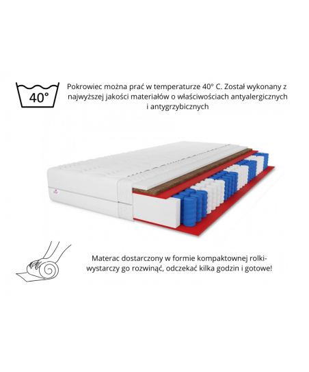 Materac kieszeniowy LAMBADA KOKOS 180x200x22 H4 – twardy, 7 stref, antyalergiczny, pianka T25, mata kokosowa, pocket