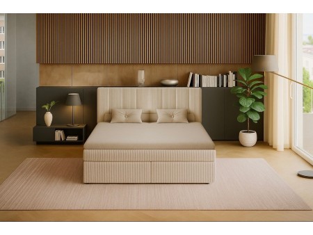 Łóżko kontynentalne NERO BOX SZTRUKS z wbudowanym materacem i pojemnikami na pościel