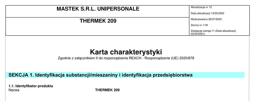 Karta charakterystyki REACH kleju uzywanego w materacach Marpur