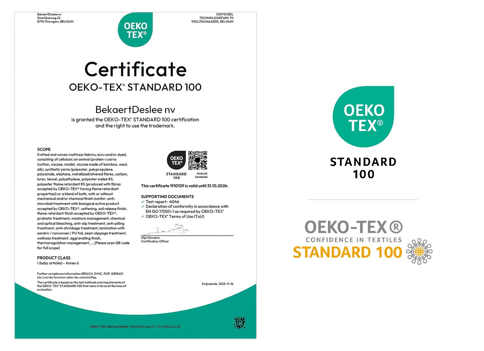 Certyfikat OEKO-TEX Standard 100 dla tkanin materacowych, klasa produktowa I
