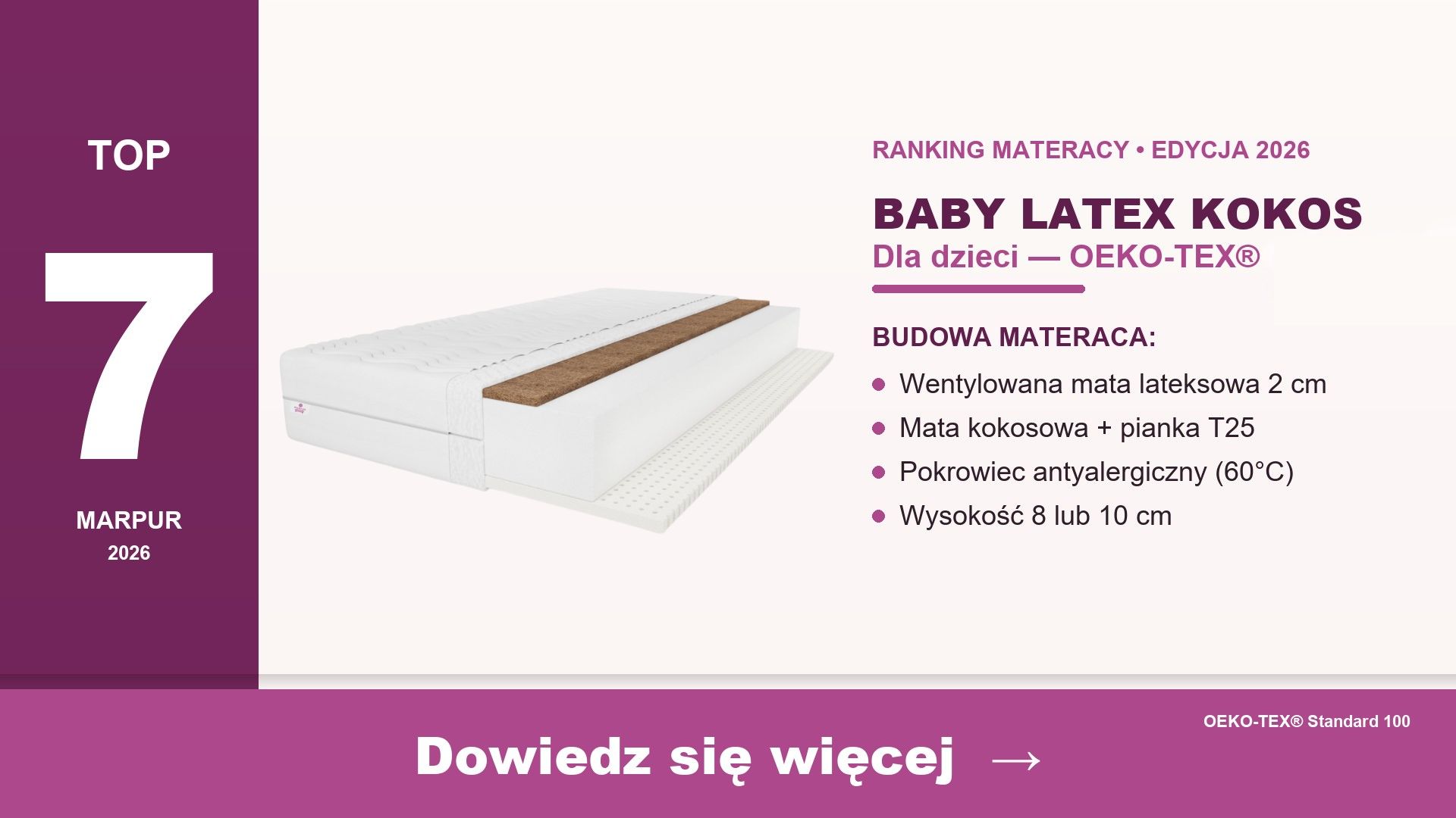 Materac dziecięcy Baby Latex Kokos marpur — 70x140 wentylowana mata lateksowa i kokos OEKO-TEX klasa I