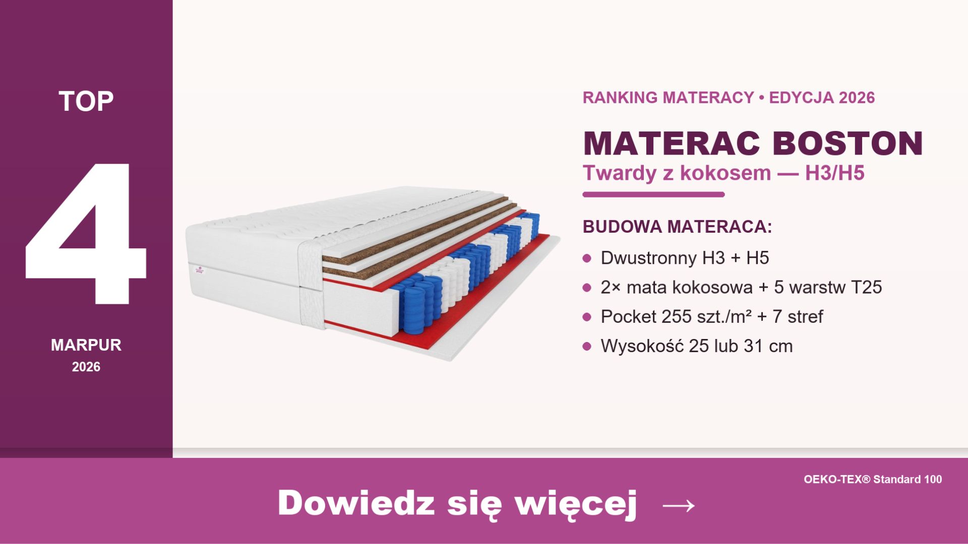 Materac Boston marpur — twardy H3 H5 dwustronny z matą kokosową 7 stref pocket 25 cm