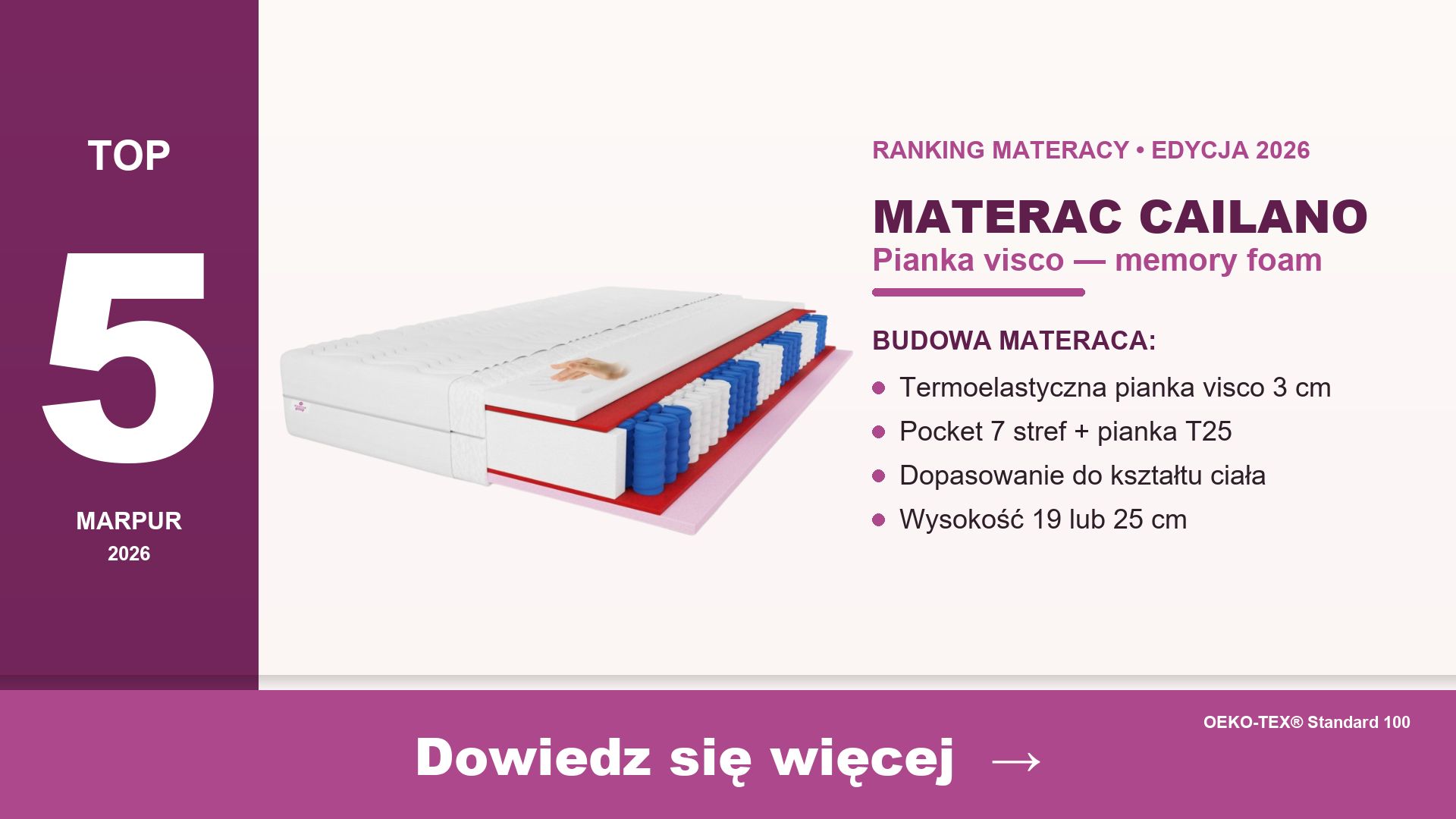 Materac Cailano marpur — pianka termoelastyczna visco memory foam H3 pocket 7 stref 25 cm