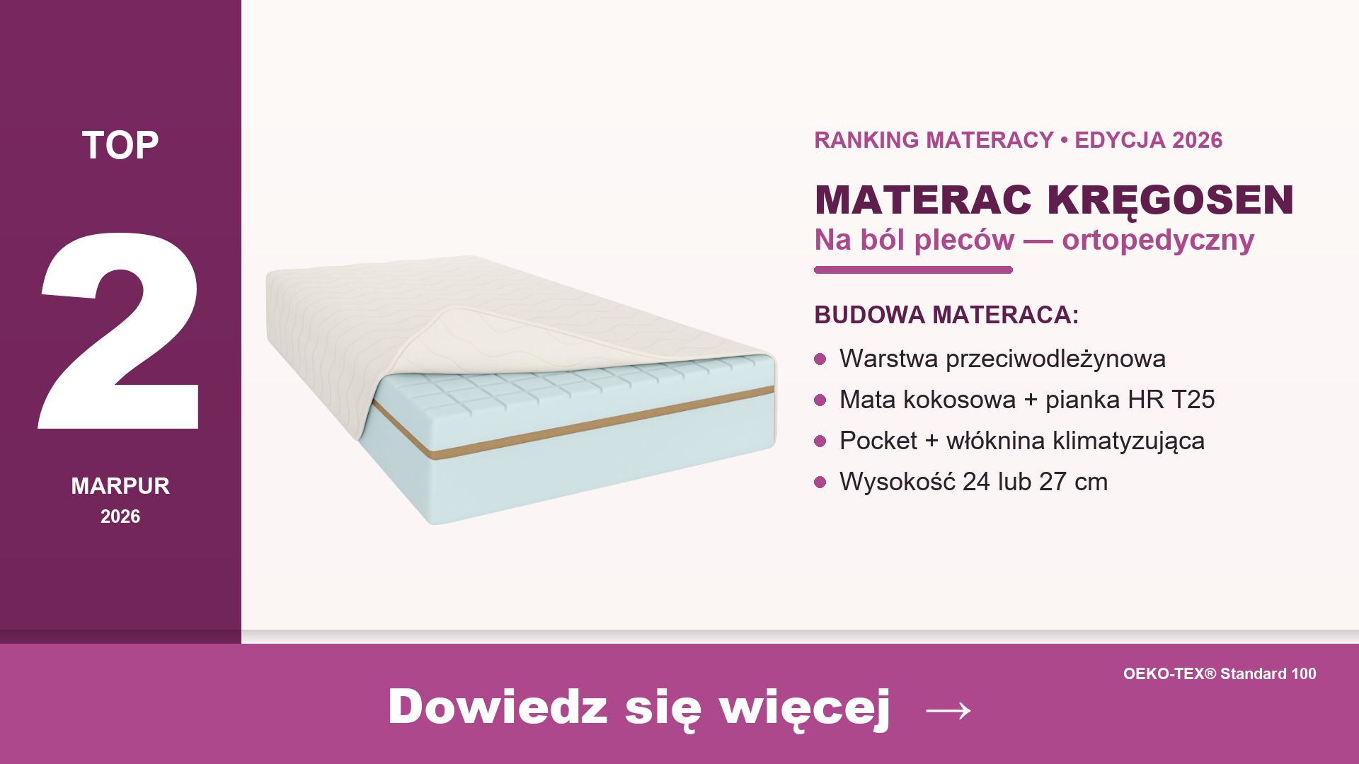 Materac Kręgosen marpur — najlepszy materac na ból pleców H3 H4 warstwa przeciwodleżynowa kokos pocket