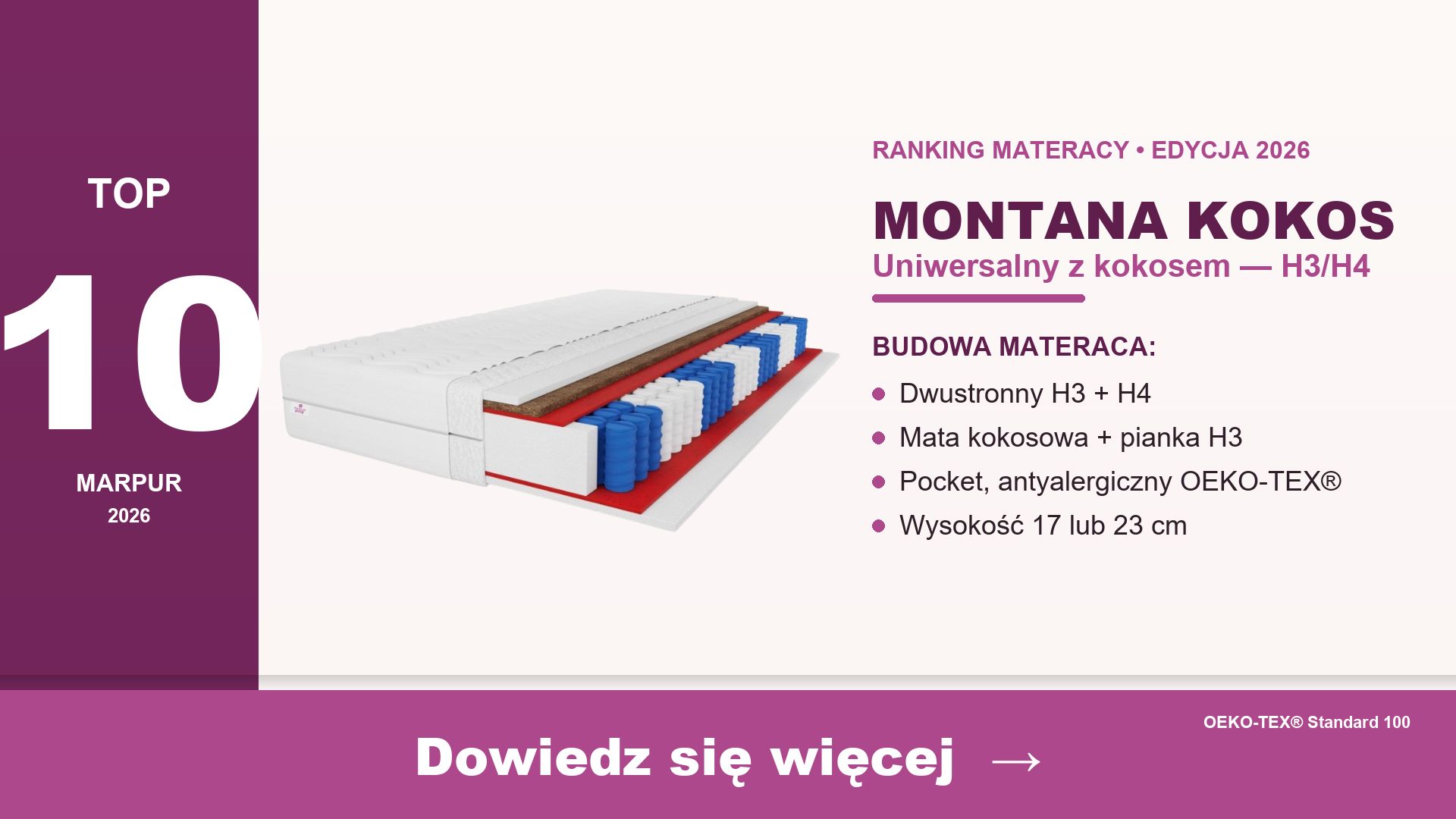 Materac Montana Kokos marpur — dwustronny H3 H4 pocket z matą kokosową antyalergiczny