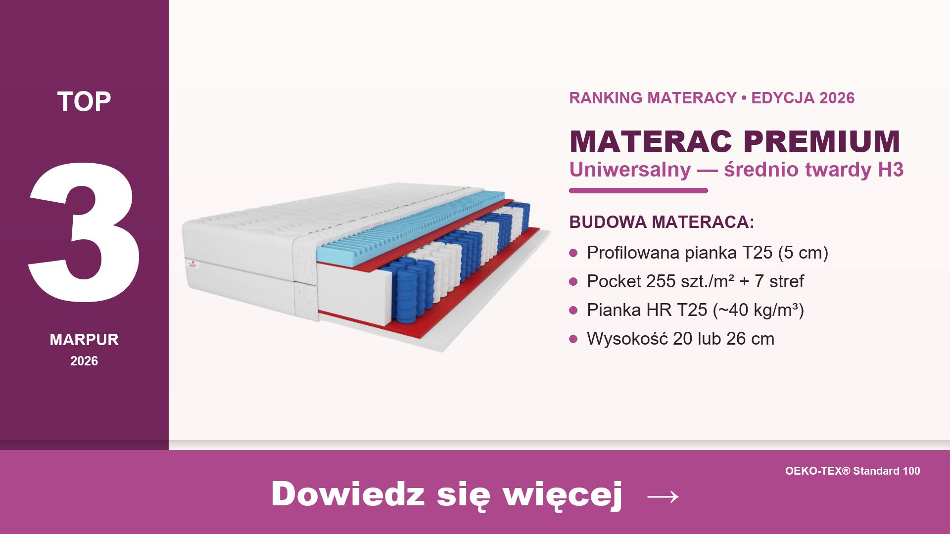 Materac Premium marpur — średnio twardy H3 z profilowaną pianką i sprężynami pocket 7 stref