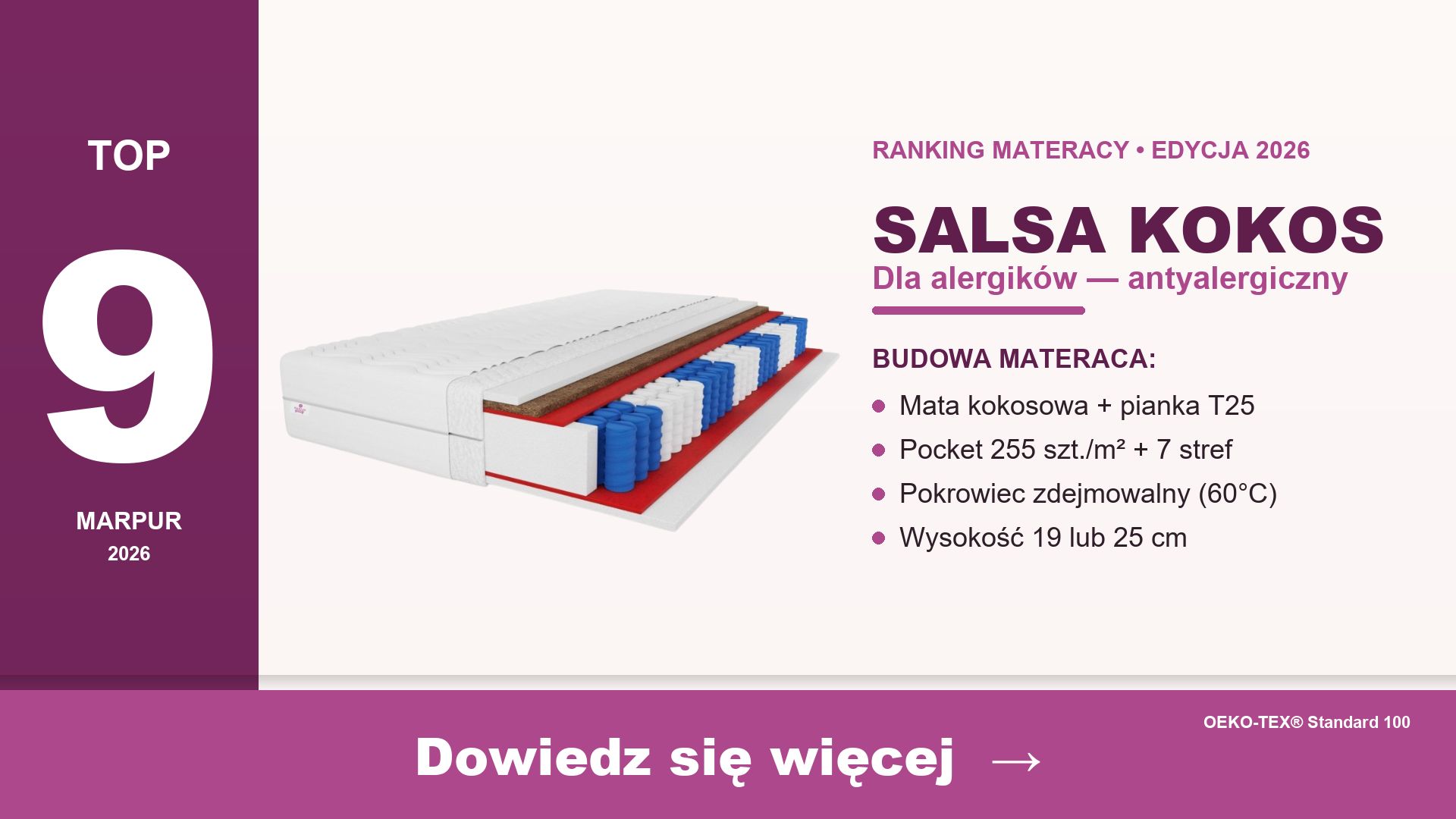 Materac Salsa Kokos marpur — antyalergiczny H3 H4 pocket 7 stref z matą kokosową 25 cm
