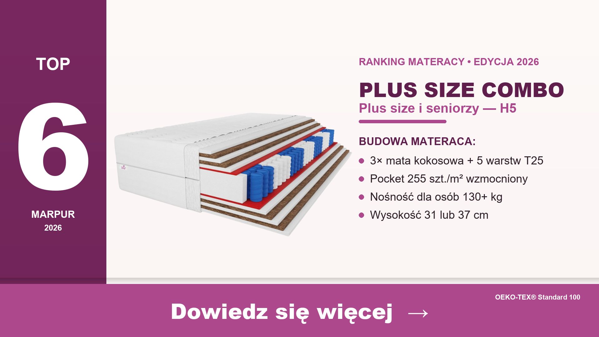Materac Plus Size Combo marpur — H5 wysokość 31 cm dla osób powyżej 130 kg plus size i seniorów