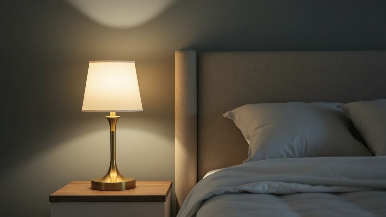 Stolik nocny z lampką obok łóżka.