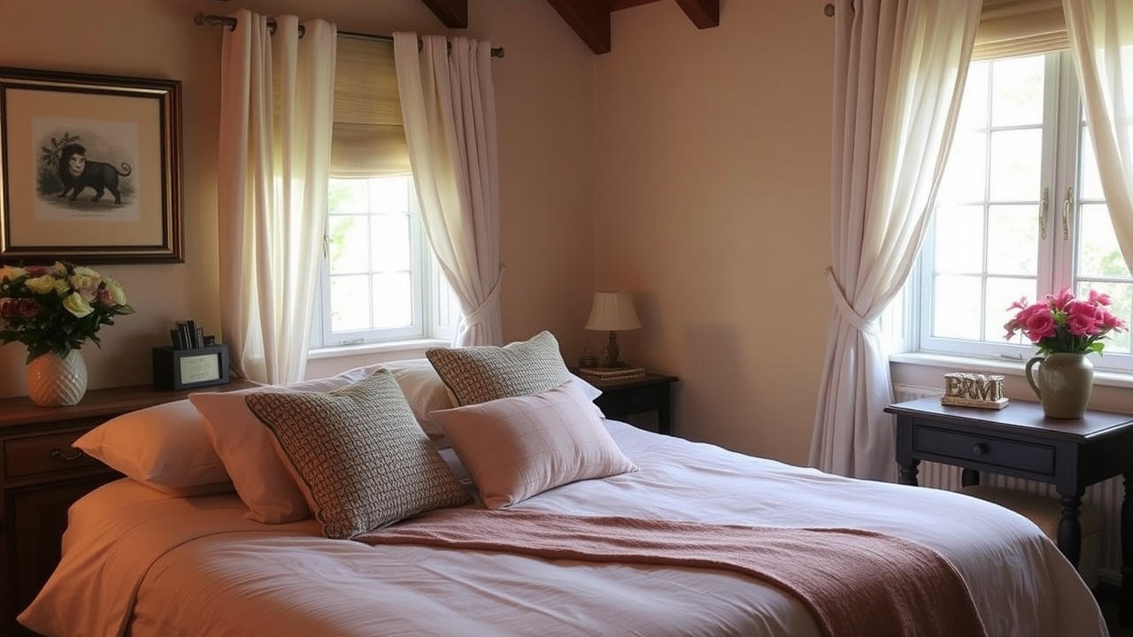 Przytulna sypialnia z dużym łóżkiem i miękkimi poduszkami.